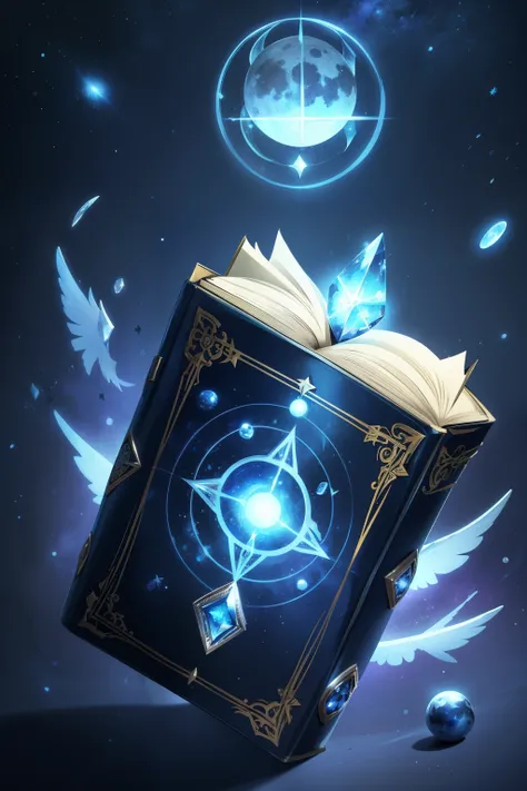 magic grimoire, book of the night, beautiful blue circle, jewel, runes inscribed on the spine, silver and blue and black, magic, fantasy, magic book, abyss magic, space stars, black, moon phases on book, planet mercury in centre of book, bird pattern on bo...