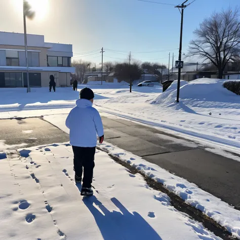 A 12-year-old, fit, fat boy is walking opposite.  He is walking in the snow on a winter morning in the opposite direction.  His san side is not visible.  He is wearing a cotton t-shirt and short trousers