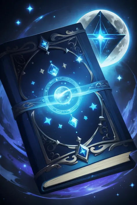 magic grimoire, book of the night, beautiful blue circle, jewel, runes inscribed on the spine, silver and blue and black, magic, fantasy, magic book, abyss magic, space stars, black, moon phases on book, planet mercury in centre of book, bird pattern on bo...