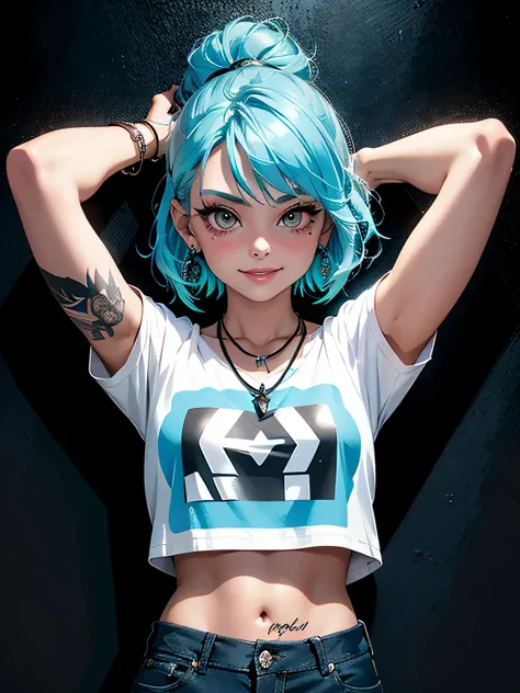 1girl ,solo 1girl, Holo-Punk Style, aqua hair, arm tattoo, blue hair, brown eyes, earrings, eyelashes, grin, indoors, jewelry, lips, makeup, necklace, nose piercing, short hair, short sleeves, smile, solo, t-shirt, tattoo, denim pants, white shirt, arms be...