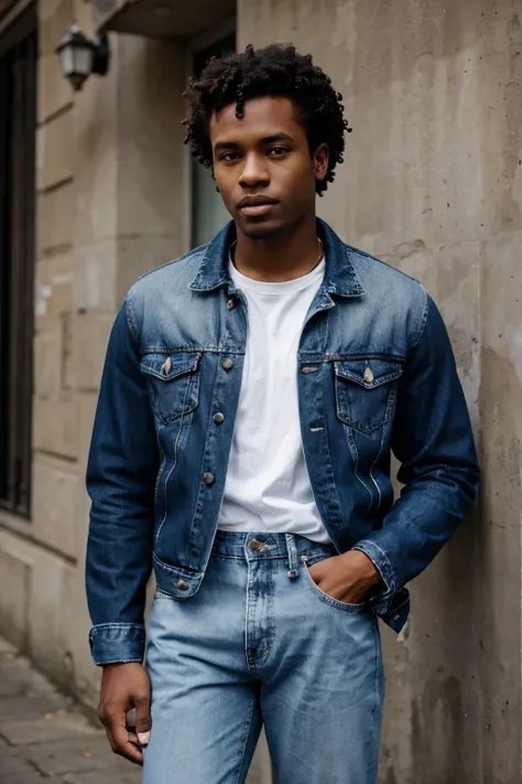 black man wearing blue jeans jacket and white T-shit. with very short curl hair.