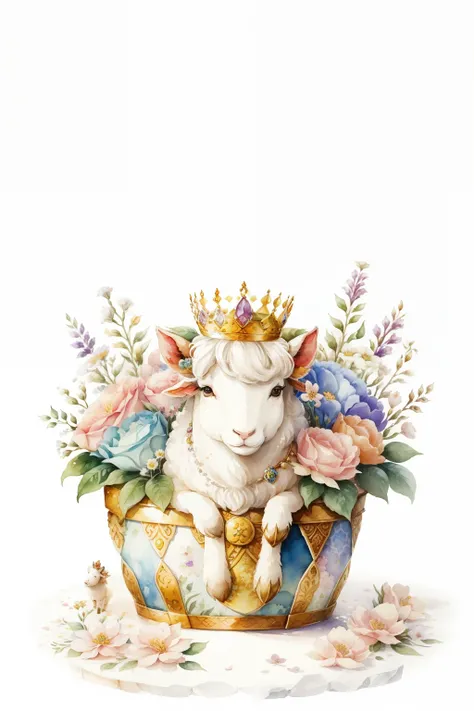 In this delightful watercolor illustration, a little sheep wearing crown jewels playfully peeks out from a treasure box filled with vibrant flowers. The scene is hand-painted in high quality, showcasing the exquisite details of the sheeps beanie eyes and t...