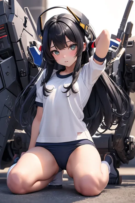 (highest quality)), ((masterpiece)), (very detailed: 1.3), 3D, {(1 young girl)}, (wear navy buruma and white gym uniform with colored hem under armor:1.3), (black hair:1.5), (She is fused with futuristic Gundam mecha:1.3), with headgear, with v-fin , armor...