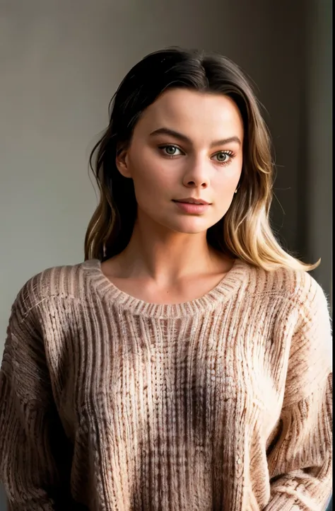 RAW photo of Margot Robbie, face portrait, brown oversized sweater, 8k uhd, dslr, soft lighting, high quality, film grain, Fujifilm XT3, 