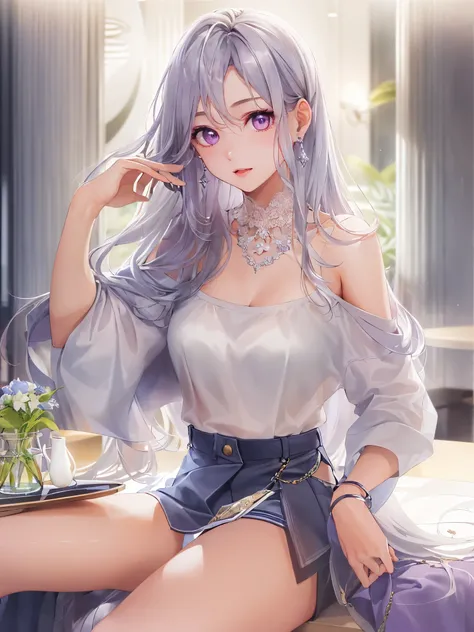 (highest quality:1.4, High resolution:1.4, table top:1.4)、
Beauty、silver hair、Straight Long、purple eyes、light makeup、Slender figure、
topless、mini skirt、Pants are visible、
Hotel、night