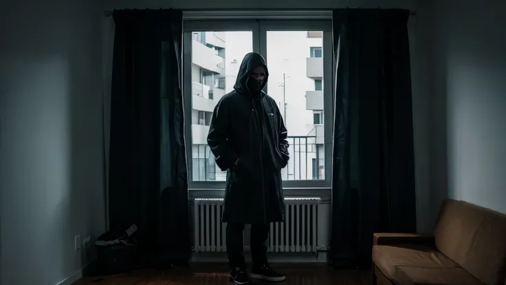 man with hood full body in apartment dark ambient