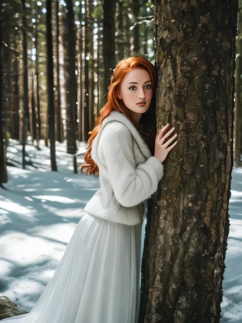 full body of Sophie Turner, ginger hair, winter forest, natural skin texture, 24mm, 4k textures, soft cinematic light, RAW photo, photorealism, photorealistic, intricate, elegant, highly detailed, sharp focus, ((((cinematic look)))), soothing tones, insane...