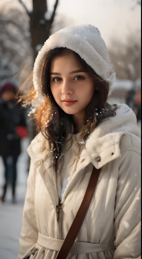 ai want this girl n beautiful winter dress and she is in outside with some snowfall