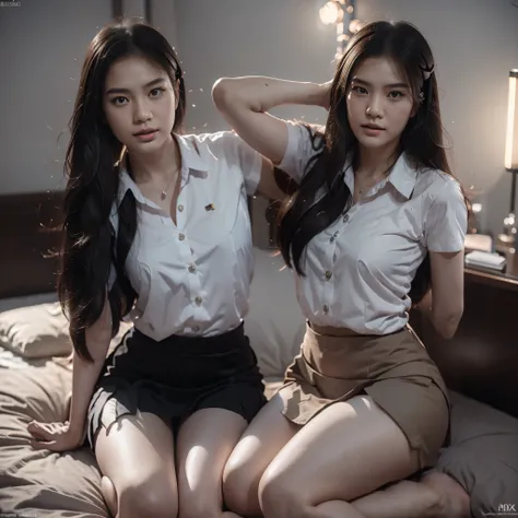 Realistic picture, Thai girl, 20 years old, wearing a student uniform ,black short skirt,Revealed buttons ,white chest,Lying on her back in the bedroom, alone, beautiful-looking., Very white skin, Revealing white legs ,Shot with a Fujifilm x-t4 viltrox 27f...