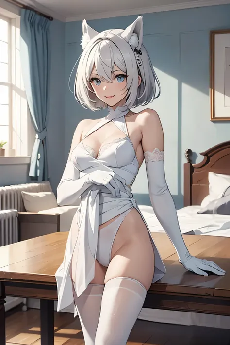 table top　High level image quality　best image quality　8K　adult　 lady（I）　portrait　white long gloves（（blanche）（long gloves））　white pantyhose（（blanche））　white lingerie（（Tube top）blanche））　wolf ears　short hair（（shortcut）（gray hair）（perm）（fluffy））　eye color is ...