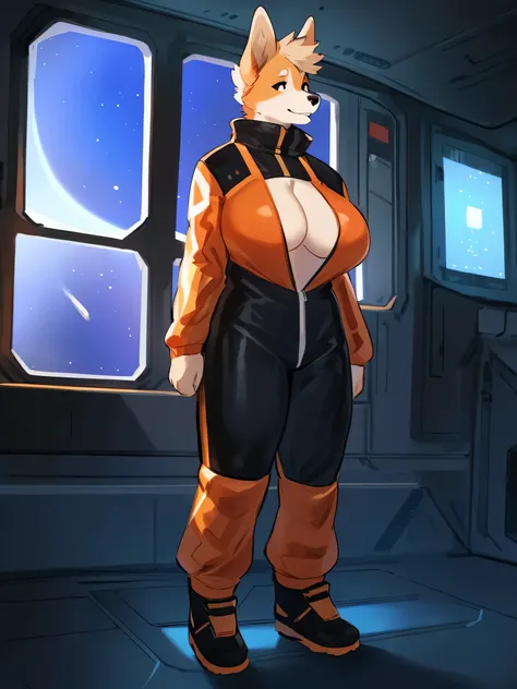 By bebebebebe, by lostgoose, by goonie-san, solo, female, canine, corgi, short, standing, standing, (tan hair), big breasts, anime spacesuit, red orange white and black spacesuit, turtleneck, cleavage spaceship, space, window