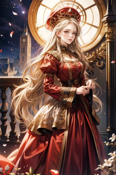 (best quality,masterpiece:1.4,8k),1 beautiful detailed girl,extremely detailed eyes and face,beautiful detailed eyes,medieval European style intricate luxurious red dress,medieval European style luxurious dress hat,luxurious accessories,elegant smile,night...