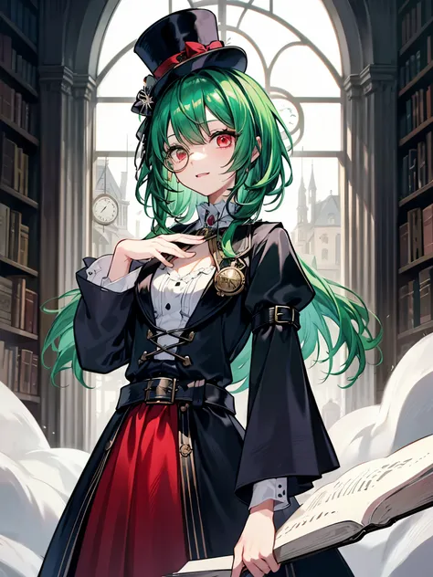 (((masterpiece、Highest image quality、highest quality、highly detailed unity 8kwallpaper)))、((Illustration of one girl、upper body))、(((beautiful girl)))、(librarian)、(Emerald green hair、messy hair、sidelocks:1.2、red eyes、crazy smile)、(((flat chest)))、(((monocl...
