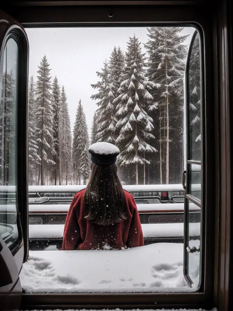 Close-up of a girl of 35 years old without a hat In a separate compartment of a passenger, railway Soviet white carriage of the 90s is a girl of 35 years old in a red coat sits and looks out the window, in front of her table, above her sleeping places, nig...