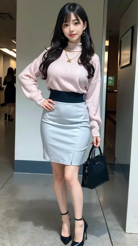 (Best Quality, Masterpiece, Photo realistic, Ultra Detailed, ultra high res, raw:1.3), (2girls:1.3), beautiful, Japanese, mature, 28yo, office workers, (turtle neck knit, pencil skirt), ({gold| silver| wine red| blue| navy| pink| white| black| yellow| gree...