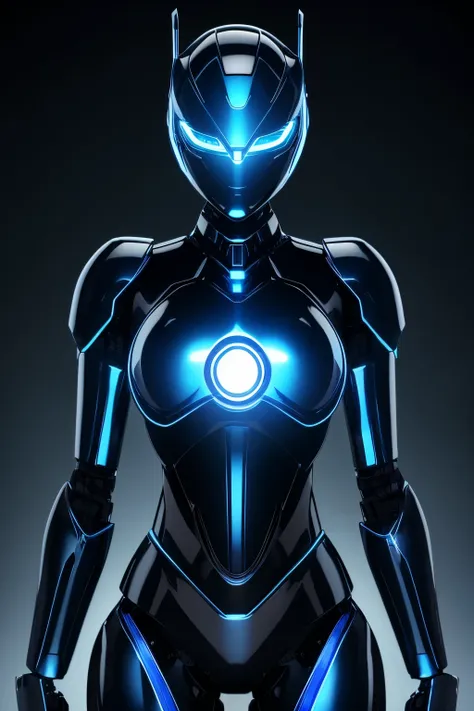 best quality, 32k, RAW photo, incredibly absurdres, extremely detailed, robot with a beautiful form and seamless shiny iridescent chrome plating, blue led eyes, female