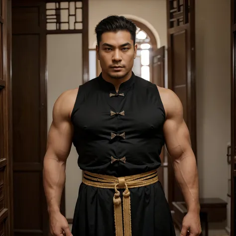 longs cheveux noirs, Vêtements chinois anciens, un homme d&#39;âge moyen, musclé, Grand homme