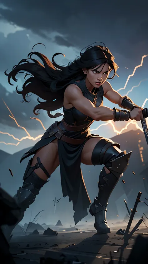 A fierce and powerful warrior in an epic battle, with intense determination in her eyes and a sword shining in her hand. The scene is set in a desolate, post-apocalyptic landscape, with dark storm clouds swirling in the sky and debris littering the ground....