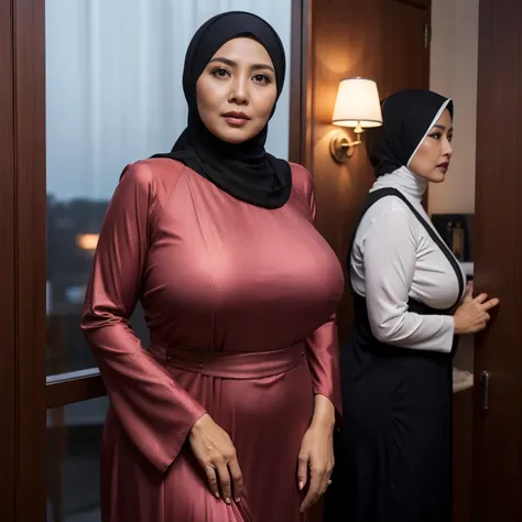 56 years Old, Hijab Indonesian mature woman, Biggest Mature Tits : 46.9, Luxury Gamis, curvy body, Breast about To burst out from her clothes, at doctor office, Dark light, at Nighttime.