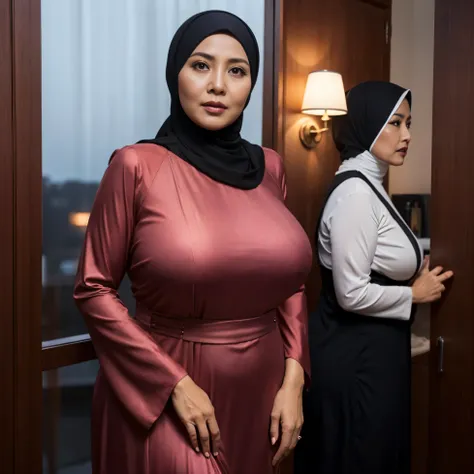 56 years Old, Hijab Indonesian mature woman, Biggest Mature Tits : 46.9, Luxury Gamis, curvy body, Breast about To burst out from her clothes, at doctor office, Dark light, at Nighttime.