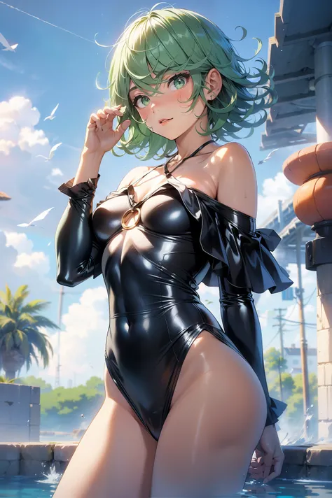 （best qualtiy，8K，32K，tmasterpiece，hyper HD：1.3），Green hair，1Girl，tatsumaki, perfect bodies，Super detailed face，Bust photo, small breasts，Black hair，Green clothes，Off-the-shoulder attire,  revealing clothes, beautiful eyes, High quality, sexy pose, happy fa...