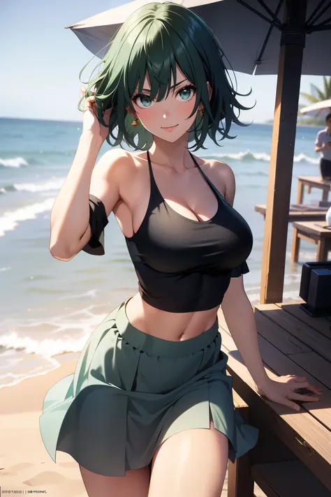 1girl，fubuki, masterpiece level work，Best Picture Quality，Facing the camera，ssmile，green skirt，Raised sexy，look straight at the camera，long whitr hair，perfect bodies，beachside，Green hair，Off-the-shoulder attire。Large breasts, revealing clothes, beautiful e...