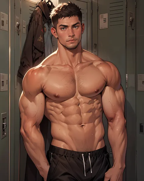 Best quality, masterpiec,ultra high res, real shadow and light, 4K, topless, beefy man, locker room,