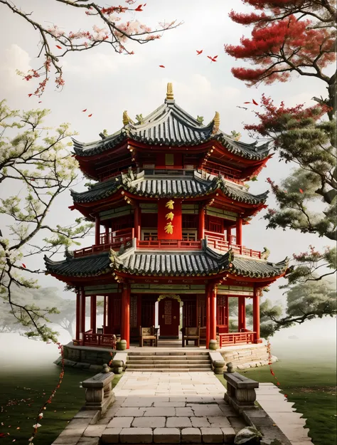 chinese wooden pagoda, stone chair, green stone step, two beautiful flower rows in front of the pagoda, red leaf tree 