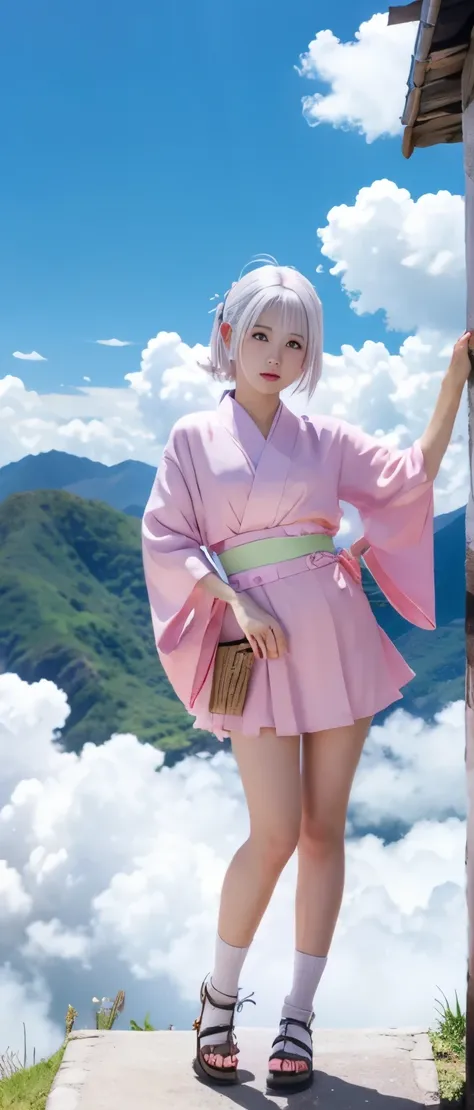 togenkyo idol、full body esbian、pink miniskirt kimono、white hair、above the clouds、the hermit&#39;s abode