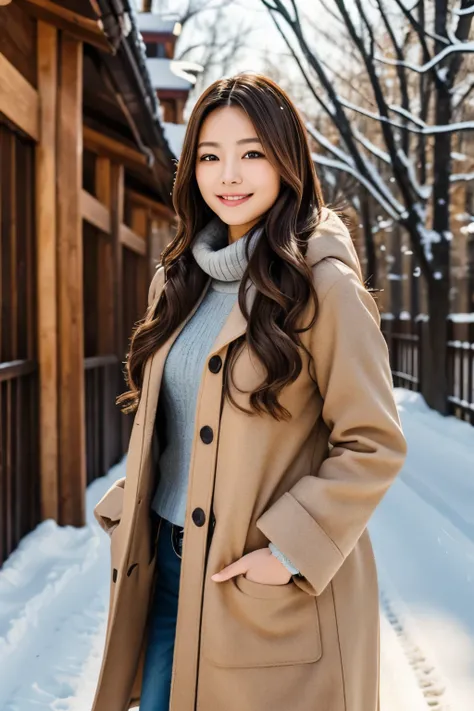 Japanese beauty　brown hair　long hair　Fitted clothes　thick cover　bright sunshine　snow scene　Looking towards me and smiling　facing forward　highest quality　Finished product　Winter clothes　wearing a coat