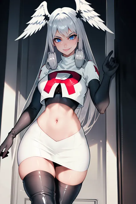 meliaxc3,grey hair, blue eyes ,head wings ,glossy lips ,team rocket uniform, red letter R, white skirt,white crop top,black thigh-high boots, black elbow gloves, smile, sexy poses