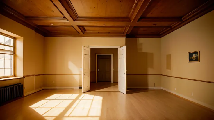 room inside of a museum, small room, no paintings, no doors, brown walls, ceiling lighting, bright room side view, two point perspective
