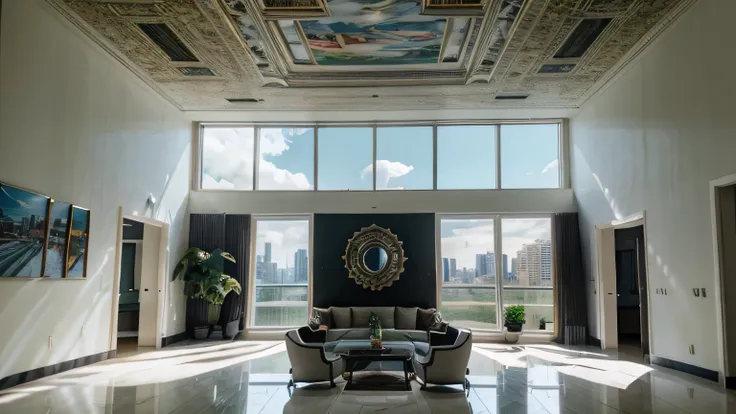 reception room，There is a wall in the middle of the reception room,The painting on the wall is in the middle, Paintings on the walls, skyscape, Large airy windows, large floor tile, large wall tile. Zaha Hadid and Santiago Calatrava landscape panoramic sty...