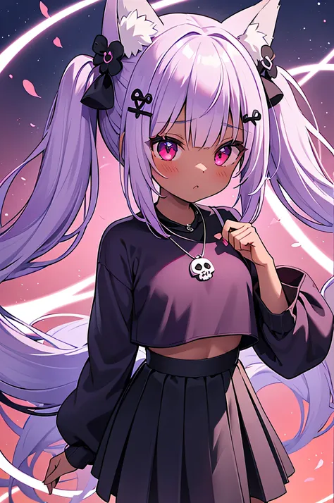 1 girl, , purple hair, glowing red eyes, dark skin twin tails,fox girl, kistsune girl, fox ears, fox tail, crop top, skirt flowers, cute face, skull shaped hair clip, necklace with skull, ribbons, no back ground, goth