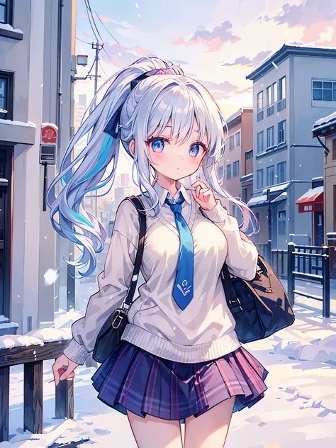 Masterpiece、ultra high resolution:1.3、8K、1 female、solo:1.3、whole body、The style is very good.、White-silver hair、blue tips of hair、Rainbow、Four-color color:1.3、ponytail、big breasts、cutter shirt、sweater、blazer、tie、shoulder bag、skirt、Long muffler、cute、close、b...