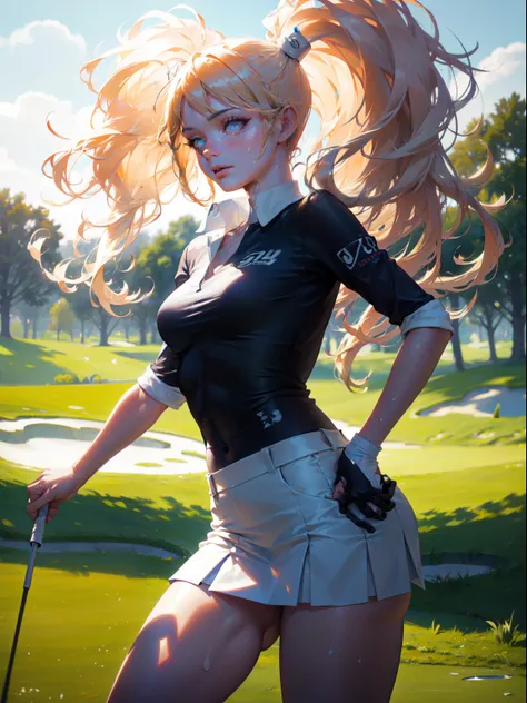 Best Quality, masutepiece,  High resolution, (Photorealistic:1.4), Raw photo, 1 beautiful girl ,Female Golf Players, Skirt,small head,Large breasts,nice legs, Glowing skin, Sweat,Smash a golf ball,In the field of golf,(Detailed beautiful face:1.4),detailed...