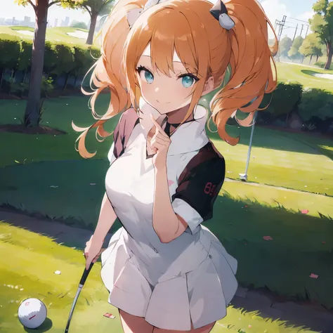 masutepiece, Best Quality, 8K_Wallpaper, (Beautiful eyes), ((Cute)), Cute, (lovely), (Golf course on a sunny day),1girl in,,1 ,Standing Girl,Smile,facial close-up、portlate(((Playing golf)))、(((I am playing golf putting on the green )))、((Golf Wear))、