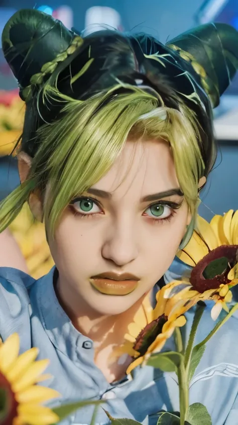 a drawing of a woman with green hair and green eyes, beautiful sunflower anime girl, jojo anime style, style of jojolion cover art, colored manga art, full color manga visual style, artgerm sylvari portrait, overlord billie eilish, manga art style, strikin...