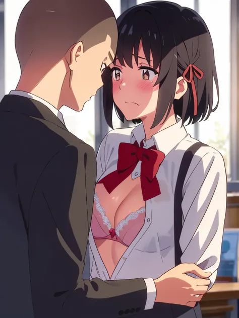 shinkai makoto, kimi no na wa., 1boy, buzzcut, school uniform, face to face, boy holding grasping girls shoulders, cheek licking cheek, 1girl,black hair, red ribbon, red headband, short hair, open eyes, tears eyes, blush, brown eyes, collared shirt, red bo...