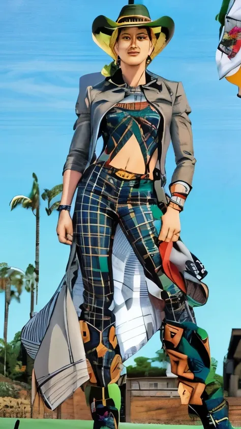 a cartoon of a woman in a plaid outfit and a man in a cowboy hat, hirohiko araki style, eiichiro oda style, gyro zeppeli, in jojos bizarre adventure, hirohiko araki artwork, 90s comic book character design, jojo anime style, posing as a jojo character, hir...