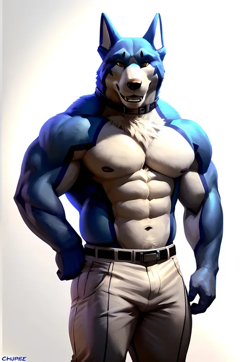 doggiekruger, blue fur, 4k, high resolution, best quality, posted on e621, solo, male, masculine, matured, gruff smile, muscular, (white background, no background:1.2), (by taran fiddler, by chunie:1.0), (detailed face, detailed eyes:1.1), brown eyes, (cel...