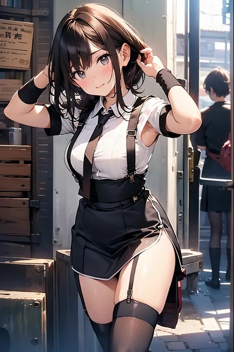 brown hair、looking at the viewer　　suspenders　　　Bulging big breasts　　 　 　　　　Black miniskirt　garter belt　knee high socks　　　　　　Gaze　　　small face　bangs 　　　　　Beauty　　hands up　　 　Gaze 　black boots 　provocation　　armpit sweat　one person 　　put your hands behind you...