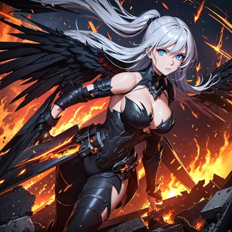 A female dark angel hovers over a ruined battlefield, Her wings glow with fiery flames, illuminating the gloomy scene. Um sie herum, Debris and destruction spread, as she proudly walks over the remains of the battle. Trotz des Chaos, Her face is strikingly...