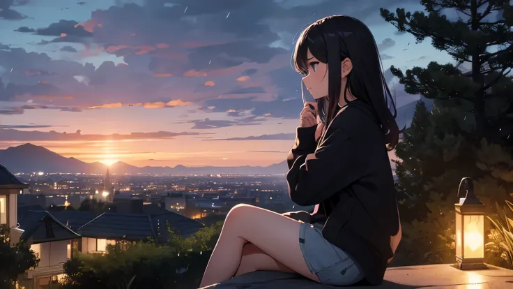 twilight、in the rain、街を見下ろせるgarden、sit on the edge、girl、Profile、light pink sky、firmament、dusk、Small hill、raindrop、Black cardigan、black hair、high school girl、one person、body whole、looking at the city、garden、mountain