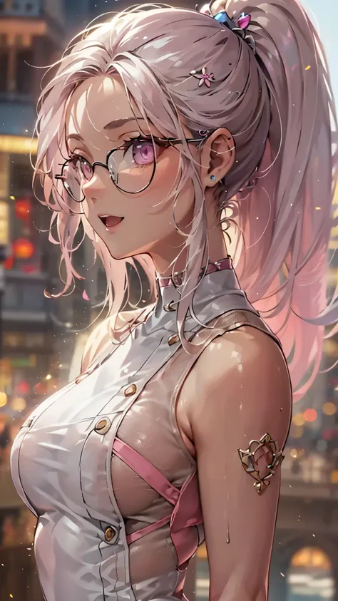 woman,14 years old,,city,night,(((White and pink tight miniskirt bodysuit))),,open mouth smile((See-through))glasses,((beautiful long ponytail)),((Baby girl body shape))