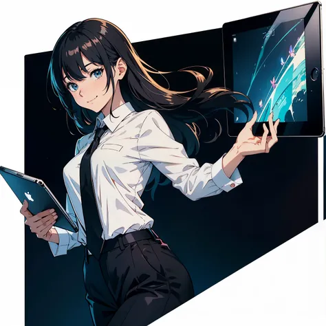 (best-quality:0.8), (best-quality:0.8), perfect anime illustration, high quality, award winning, highres, 8k,girl, business entrepreneur,smile, Happy,white shirt with black tie,suit,Black pants,ipad,holding iPad, school,profesional photo,stonk background,p...