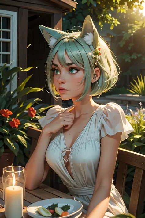 masterpiece, best quality,ultra-detailed,hyper details, cinematic light,, 1girl, solo, sit, outdoor, summerhouse, sitting in the summerhouse,  plants, table, chandelier, candle, wind, green eyes, pan-green silver hair, short hair, animal_ears, animal_ear_f...