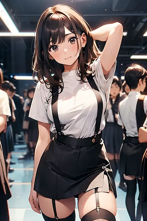 brown hair、looking at the viewer　　suspenders　　　Bulging big breasts　　 　 　　　　Black miniskirt　garter belt　knee high socks　　　　　　Gaze　　　small face　bangs 　　　　　Beauty　　hands up　　 　Gaze 　black boots 　provocation　　armpit sweat　one person 　　put your hands behind you...