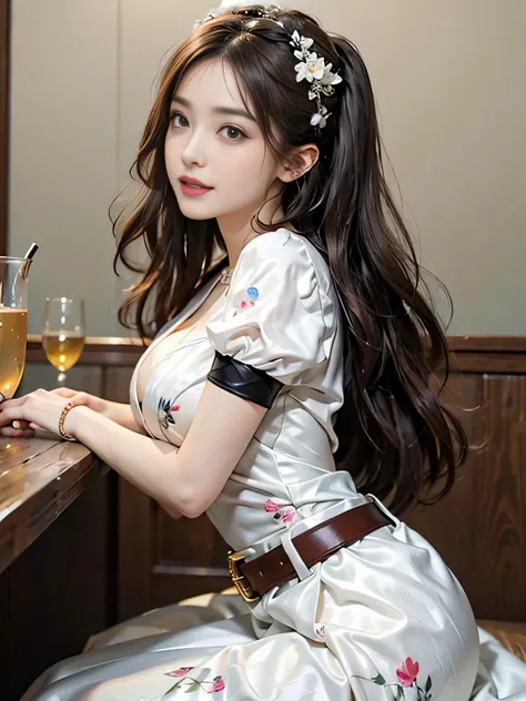 ((whole body)), ((from the side)), ((actual)), 1 Korean female model, A young girl, (in the bar, sitting position, cross legs, Leaning against the bar), Pleasing posture, Various poses to attract attention, The legs are so long, Detailed scene, curls, air ...