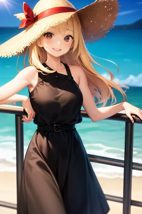 disorganized, 1 girl, Ocean, handrail, black dress, Sun hat, smile,